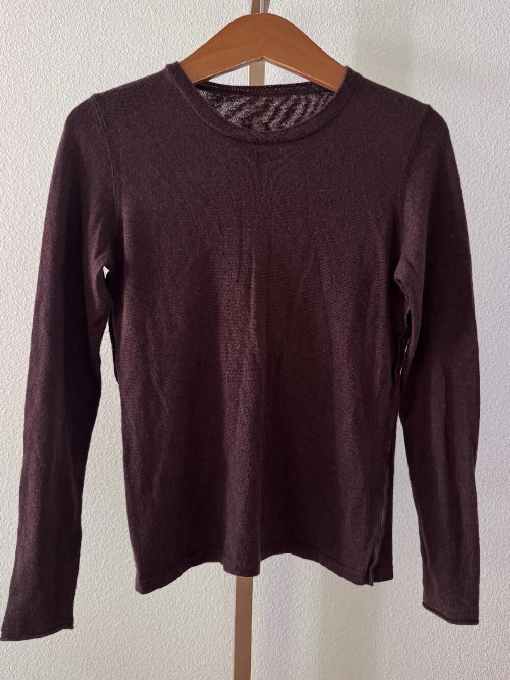 100% Cashmere Crewneck Sweater Brown Small Rolled Seam Detail